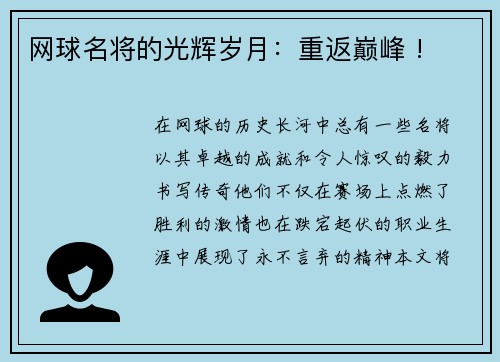 网球名将的光辉岁月：重返巅峰 !